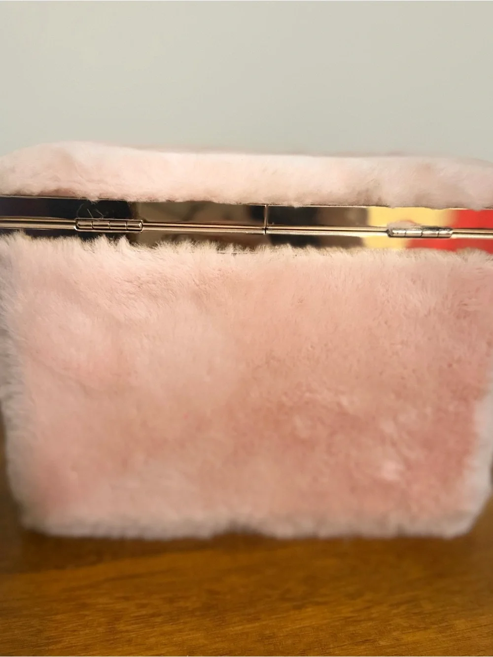 Embellished Pink Faux Fur Evening Clutch with Gold-Tone Frame